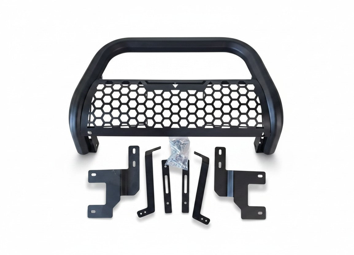 My Store black metal nudge bar with honeycomb grille for Ford Ranger, includes mounting brackets and hardware.