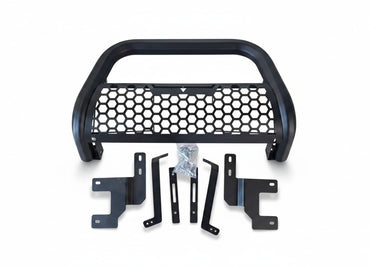 My Store black metal nudge bar with honeycomb grille for Ford Ranger, includes mounting brackets and hardware.