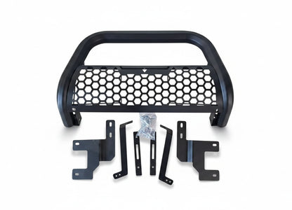My Store black metal nudge bar with honeycomb grille for Ford Ranger, includes mounting brackets and hardware.
